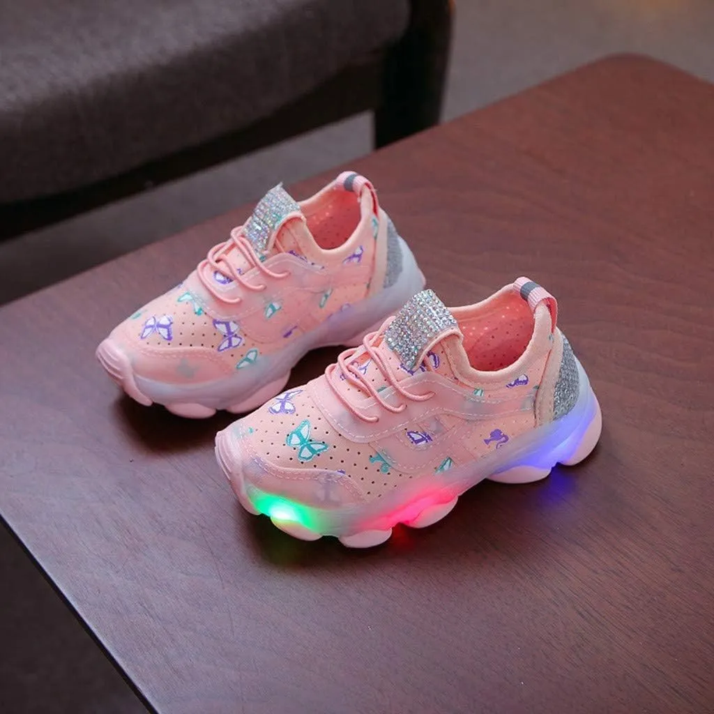 Sneakers for Girls Butterfly Crystal Luminous Sports Running Shoes for Kids LED Light Breathable Elastic Outdoor Shoes