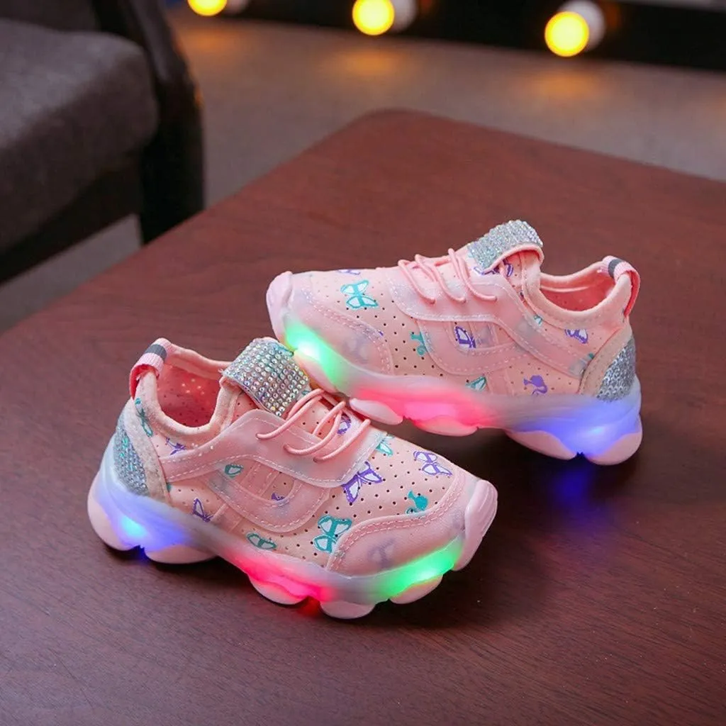 Sneakers for Girls Butterfly Crystal Luminous Sports Running Shoes for Kids LED Light Breathable Elastic Outdoor Shoes