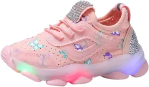 Sneakers for Girls Butterfly Crystal Luminous Sports Running Shoes for Kids LED Light Breathable Elastic Outdoor Shoes