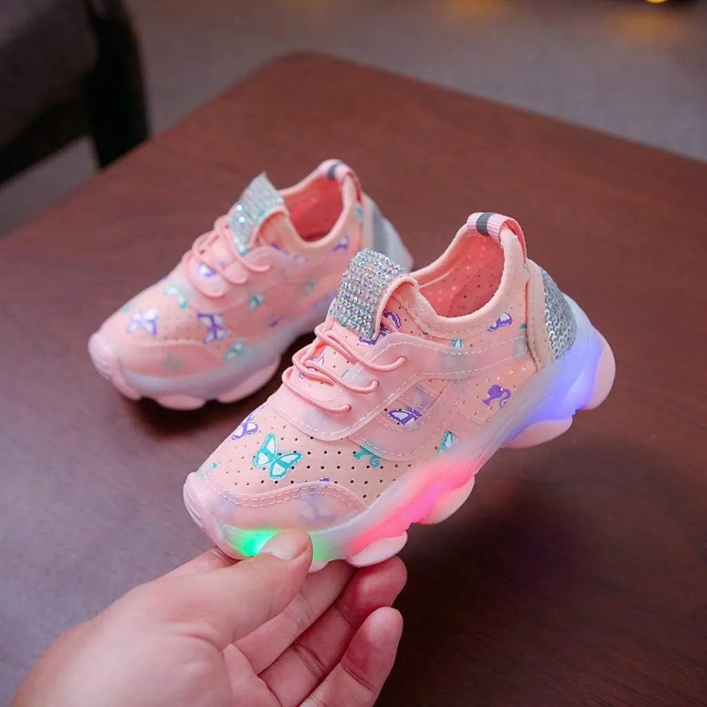 Sneakers for Girls Butterfly Crystal Luminous Sports Running Shoes for Kids LED Light Breathable Elastic Outdoor Shoes