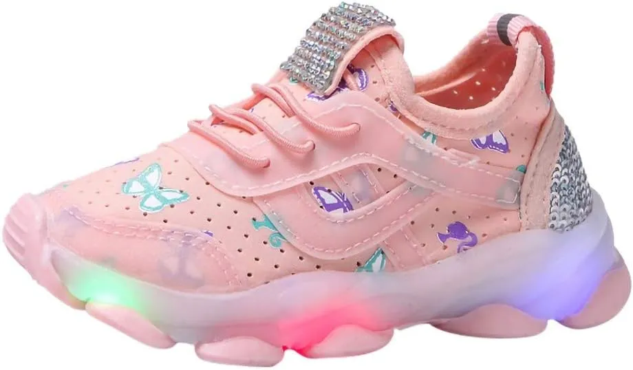 Sneakers for Girls Butterfly Crystal Luminous Sports Running Shoes for Kids LED Light Breathable Elastic Outdoor Shoes