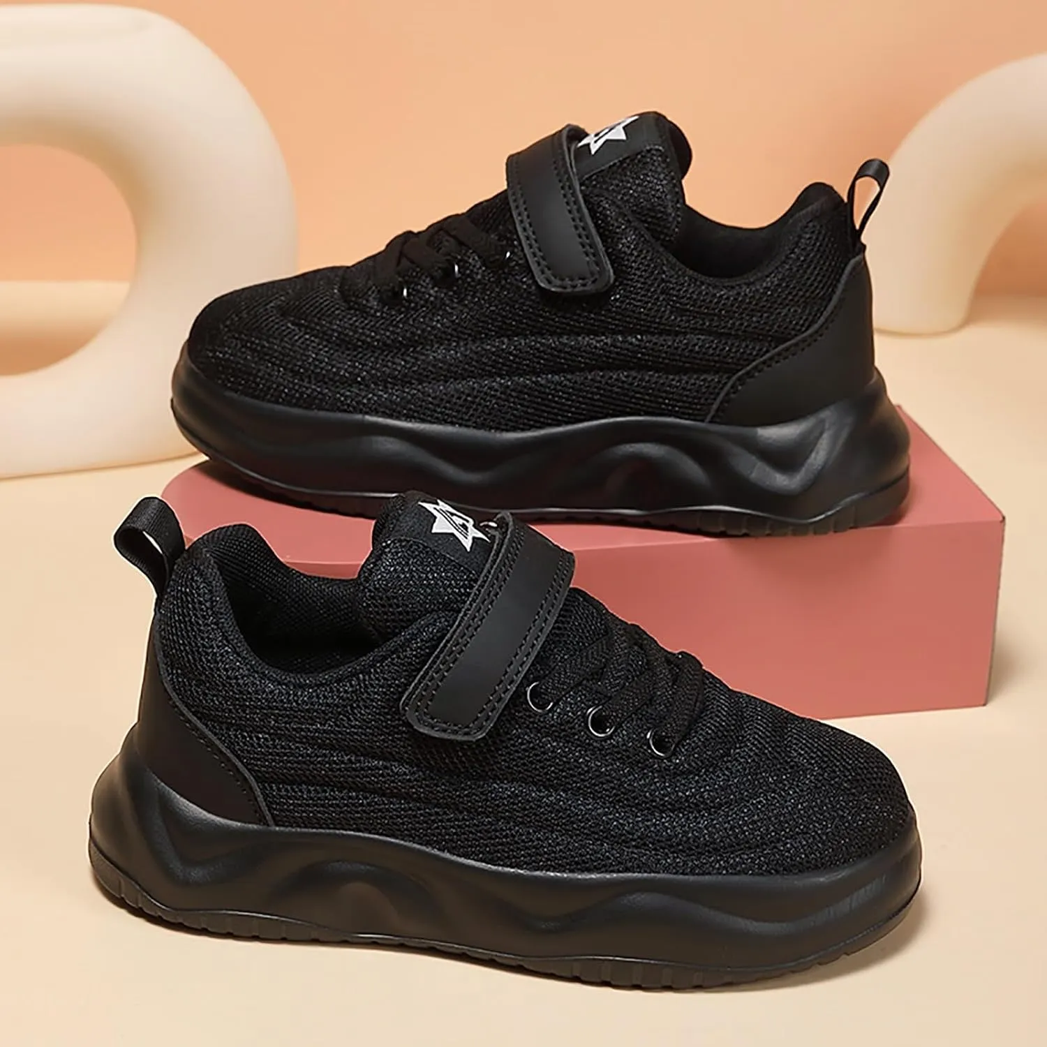 Sneakers for Girls Hook and Loop Lightweight Running Shoes Lace up Breathable Mesh Thick Sole Comfortable Sports Sneakers