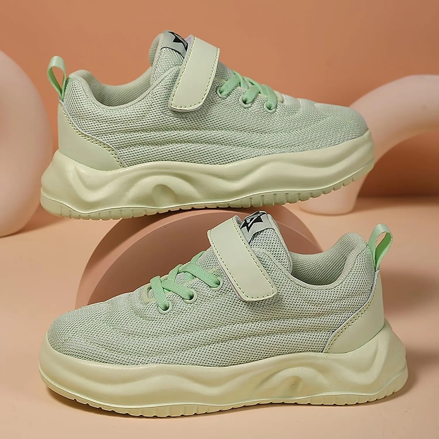 Sneakers for Girls Hook and Loop Lightweight Running Shoes Lace up Breathable Mesh Thick Sole Comfortable Sports Sneakers