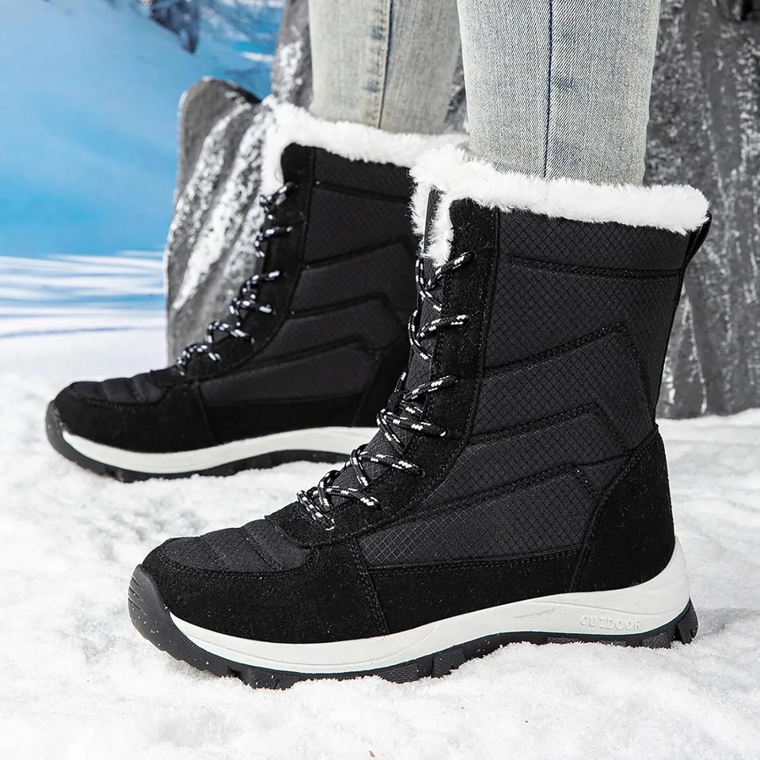 Snow Boots Womens Waterproof, Winter Snow Boots Lightweight Warm Faux Fur Lined Mid-Calf Booties Casual Cold Weather Comfortable Furry Mid Calf Warm Booties
