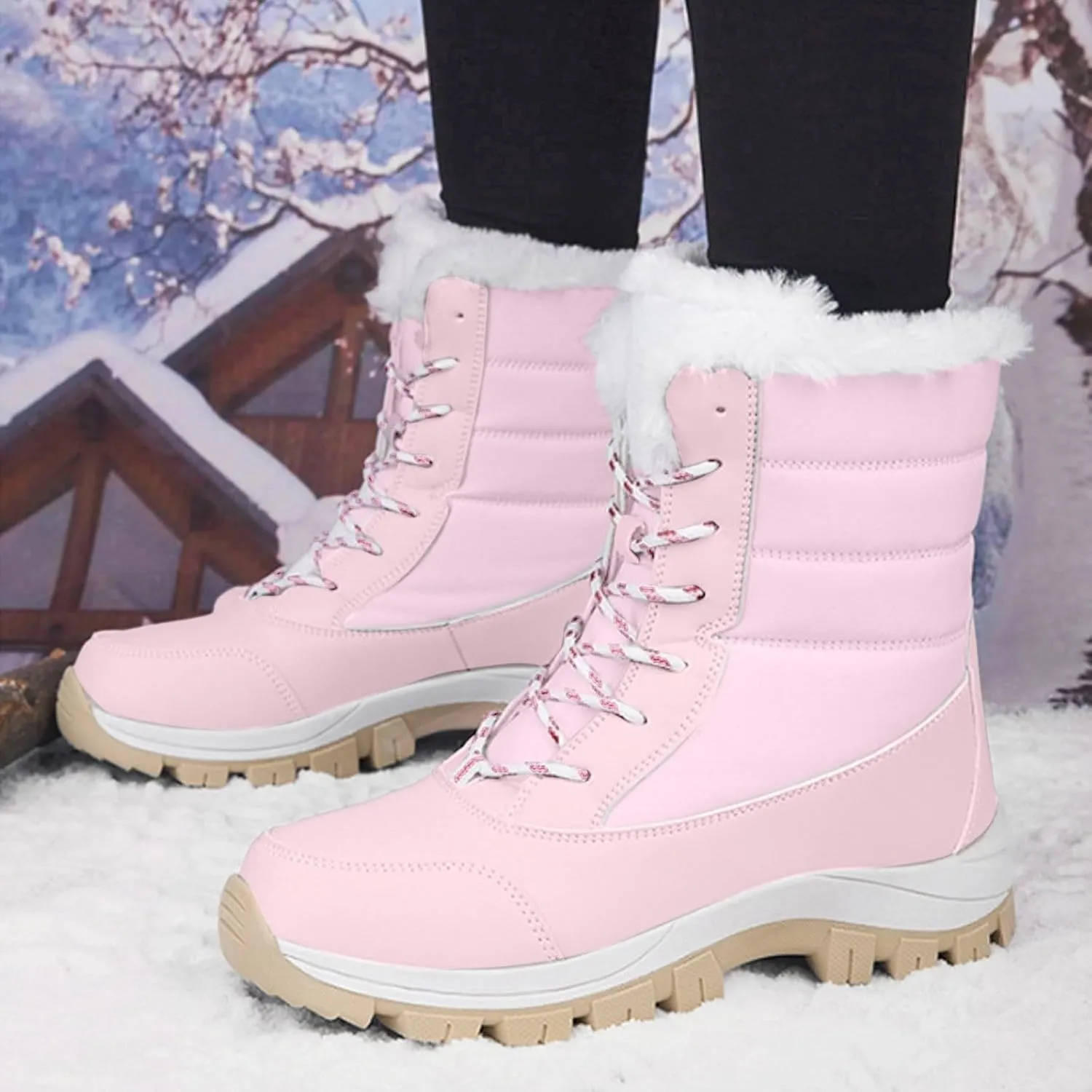 Snow Boots Womens Waterproof, Winter Snow Boots Lightweight Warm Faux Fur Lined Mid-Calf Booties Casual Cold Weather Comfortable Furry Mid Calf Warm Booties