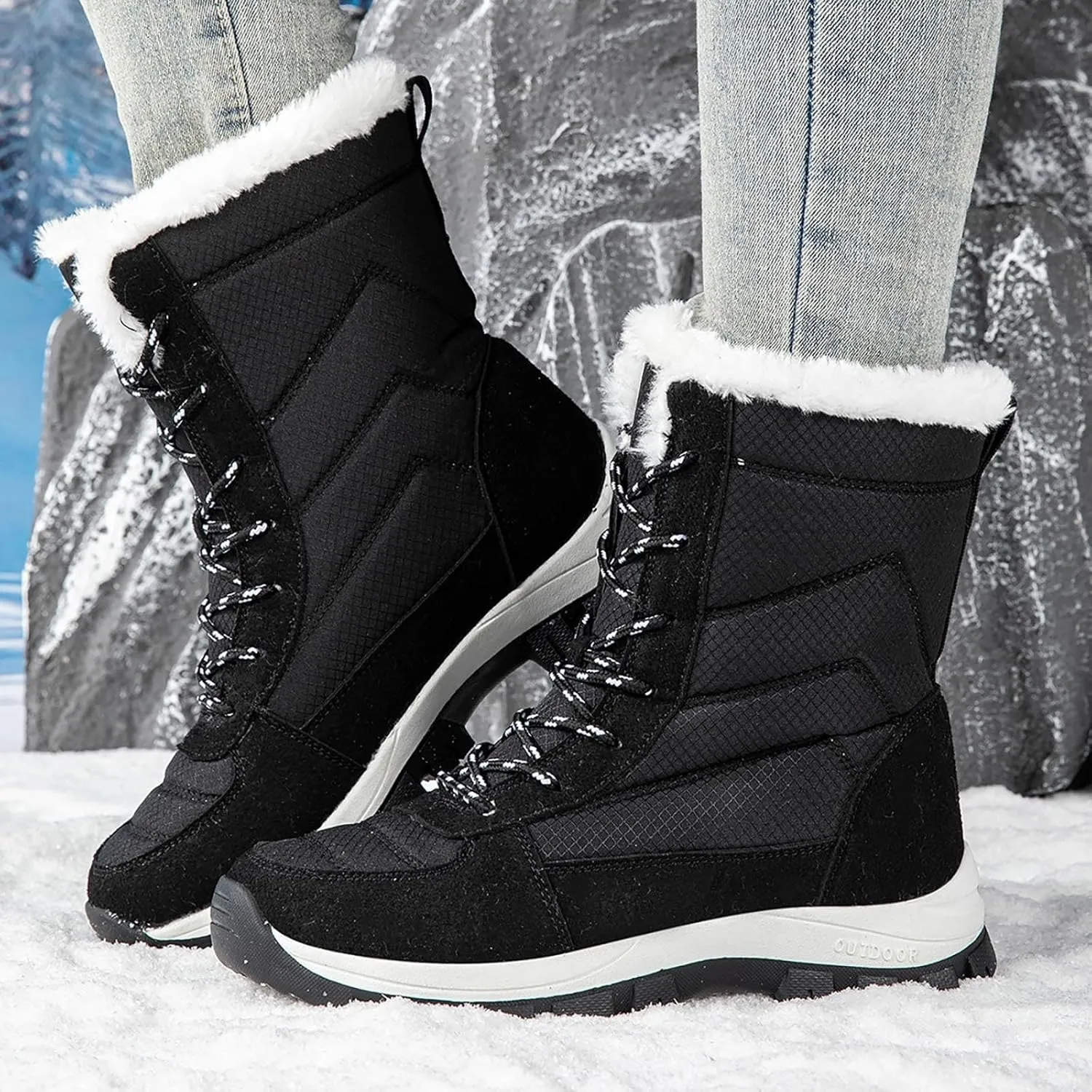 Snow Boots Womens Waterproof, Winter Snow Boots Lightweight Warm Faux Fur Lined Mid-Calf Booties Casual Cold Weather Comfortable Furry Mid Calf Warm Booties