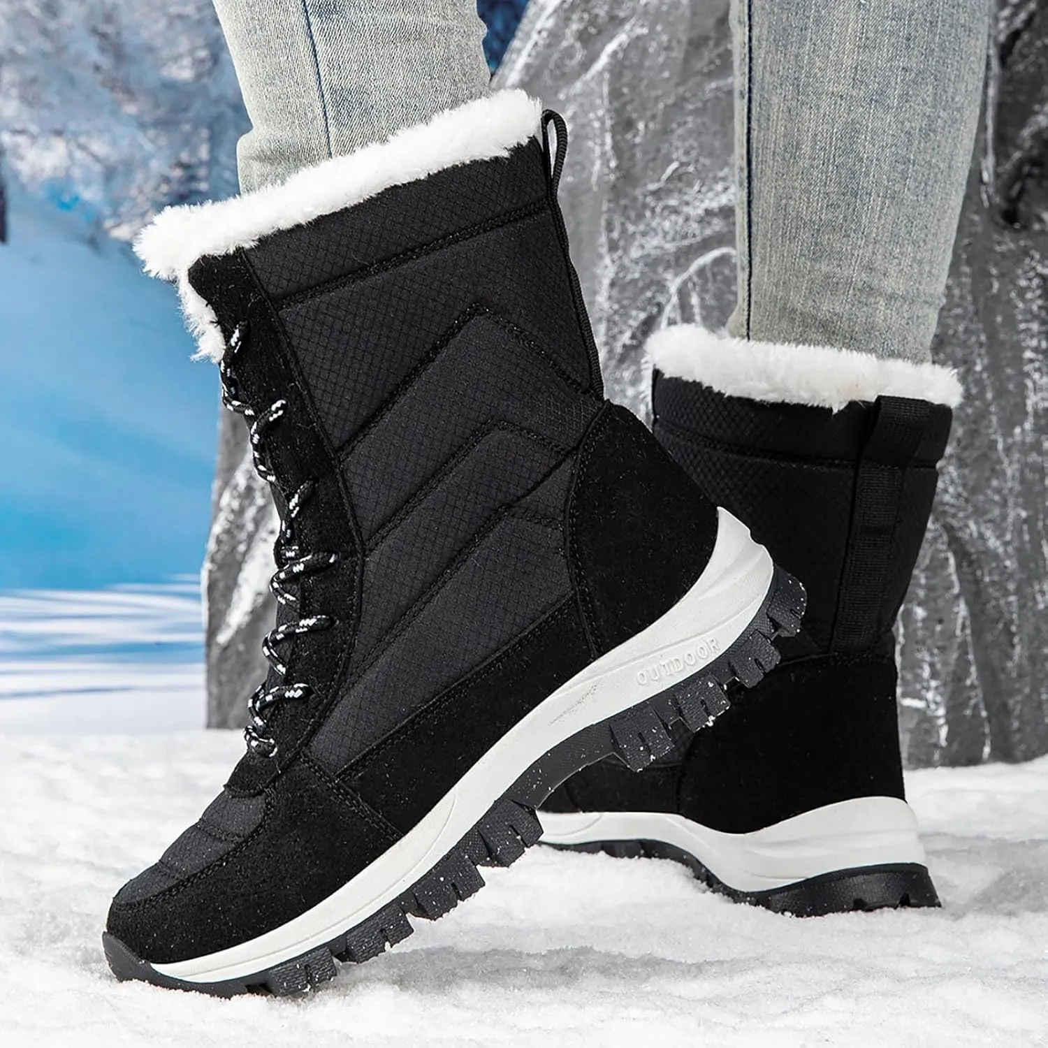 Snow Boots Womens Waterproof, Winter Snow Boots Lightweight Warm Faux Fur Lined Mid-Calf Booties Casual Cold Weather Comfortable Furry Mid Calf Warm Booties