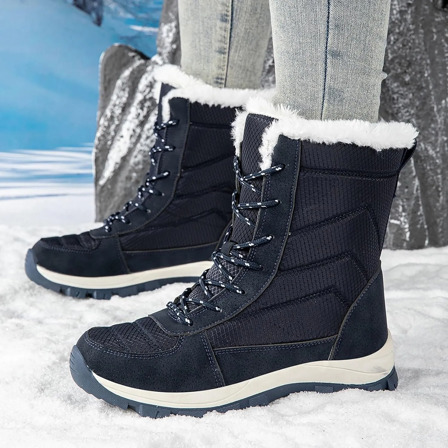 Snow Boots Womens Waterproof, Winter Snow Boots Lightweight Warm Faux Fur Lined Mid-Calf Booties Casual Cold Weather Comfortable Furry Mid Calf Warm Booties
