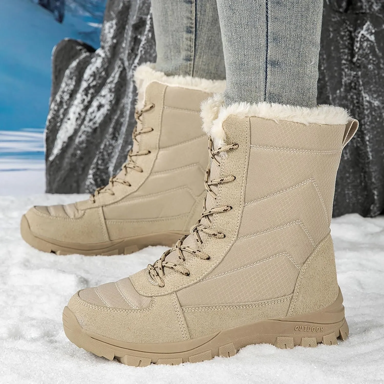 Snow Boots Womens Waterproof, Winter Snow Boots Lightweight Warm Faux Fur Lined Mid-Calf Booties Casual Cold Weather Comfortable Furry Mid Calf Warm Booties