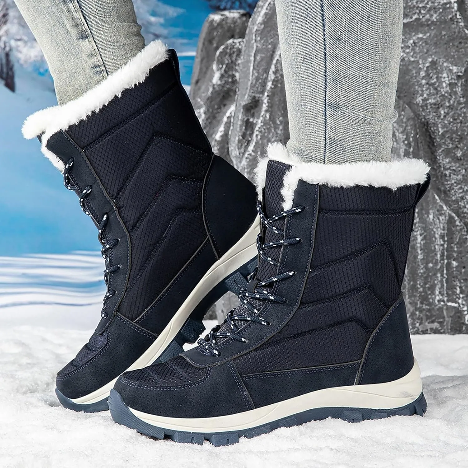 Snow Boots Womens Waterproof, Winter Snow Boots Lightweight Warm Faux Fur Lined Mid-Calf Booties Casual Cold Weather Comfortable Furry Mid Calf Warm Booties