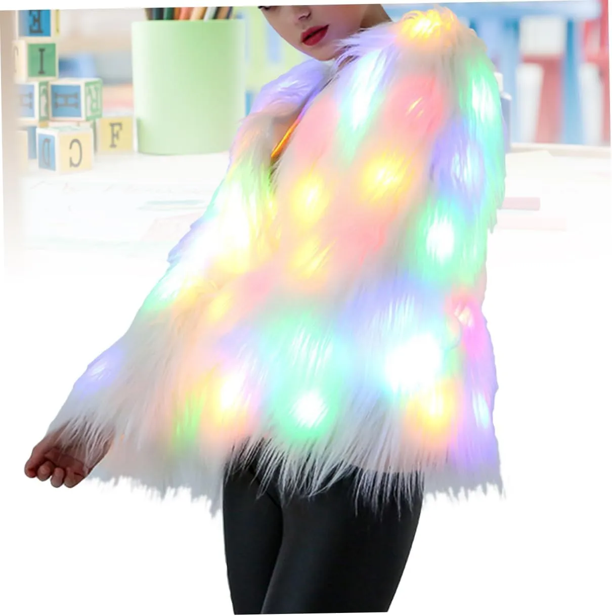 SOIMISS Lighted Fur Coat Coat Light up Fur Coat Fancy Dress Costume Women Birthday Party Costume