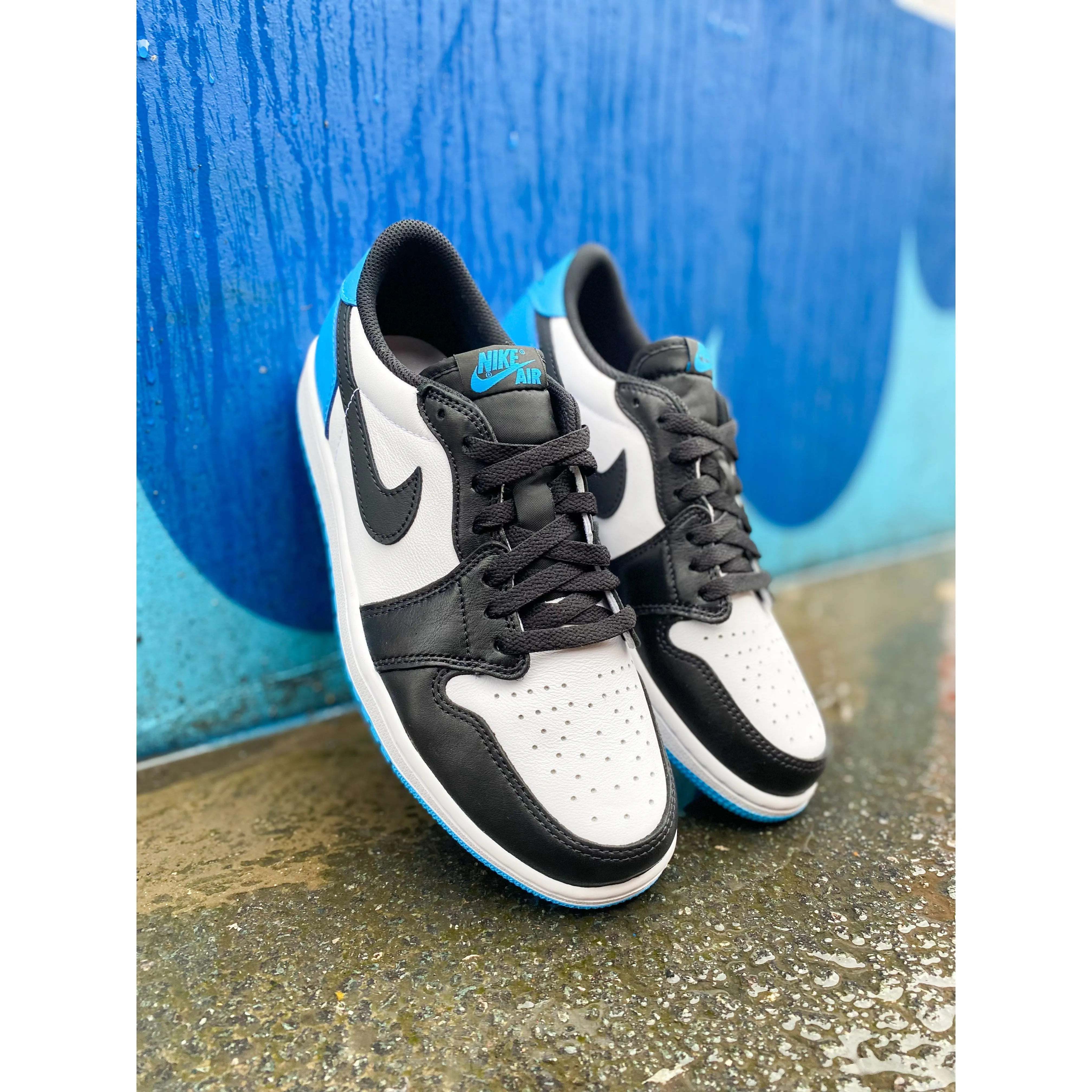 Jordan 1 Low OG Black Dark Powder Blue embroidered - finish - design shoes weekend run shoes