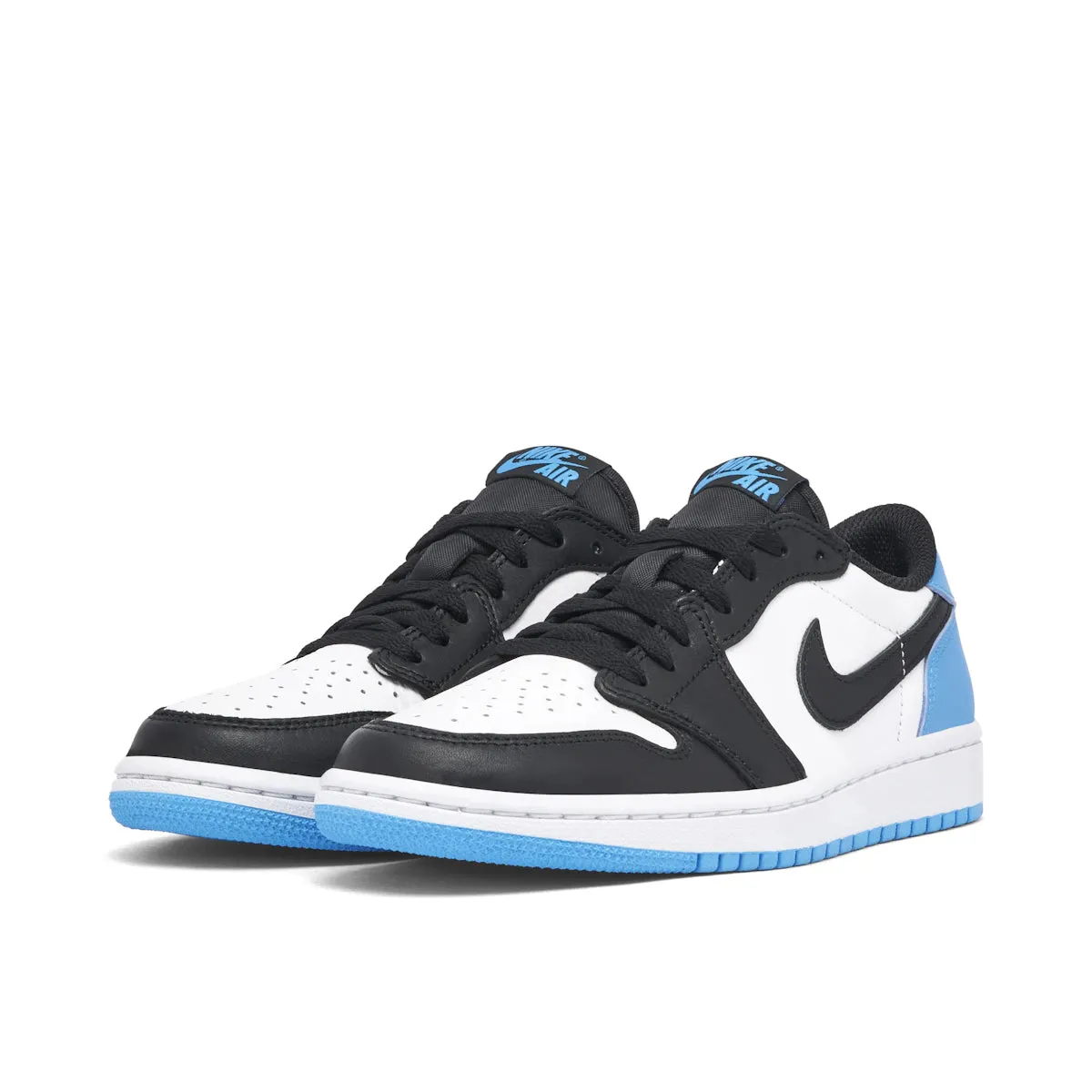 Jordan 1 Low OG Black Dark Powder Blue running in a mud pot area shoes