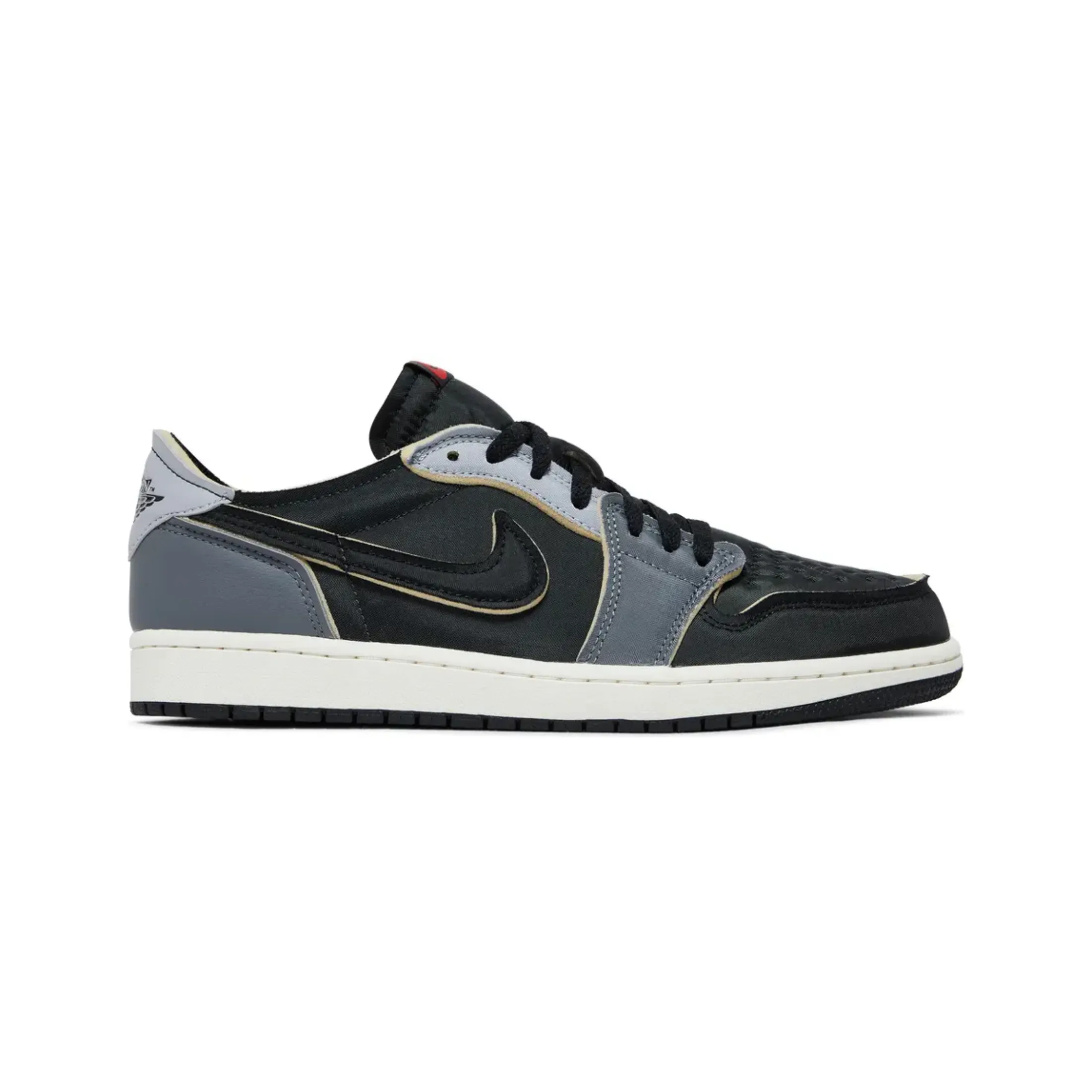 Jordan 1 Low OG EX Black Smoke Grey Dark - colored running in a truss bridge area shoes