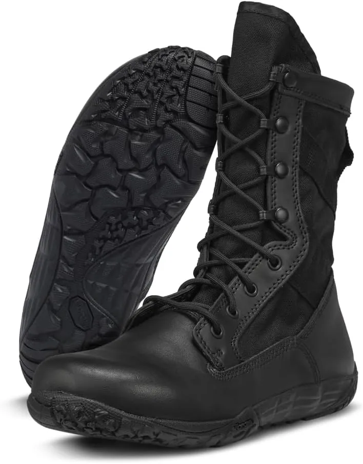 TACTICAL RESEARCH TR Mini-Mil TR102 8" Minimalist Tactical Boots for Men - Lightweight and Breathable Black Leather with Slip-Resistant Vibram Outsole, Black - 14 W