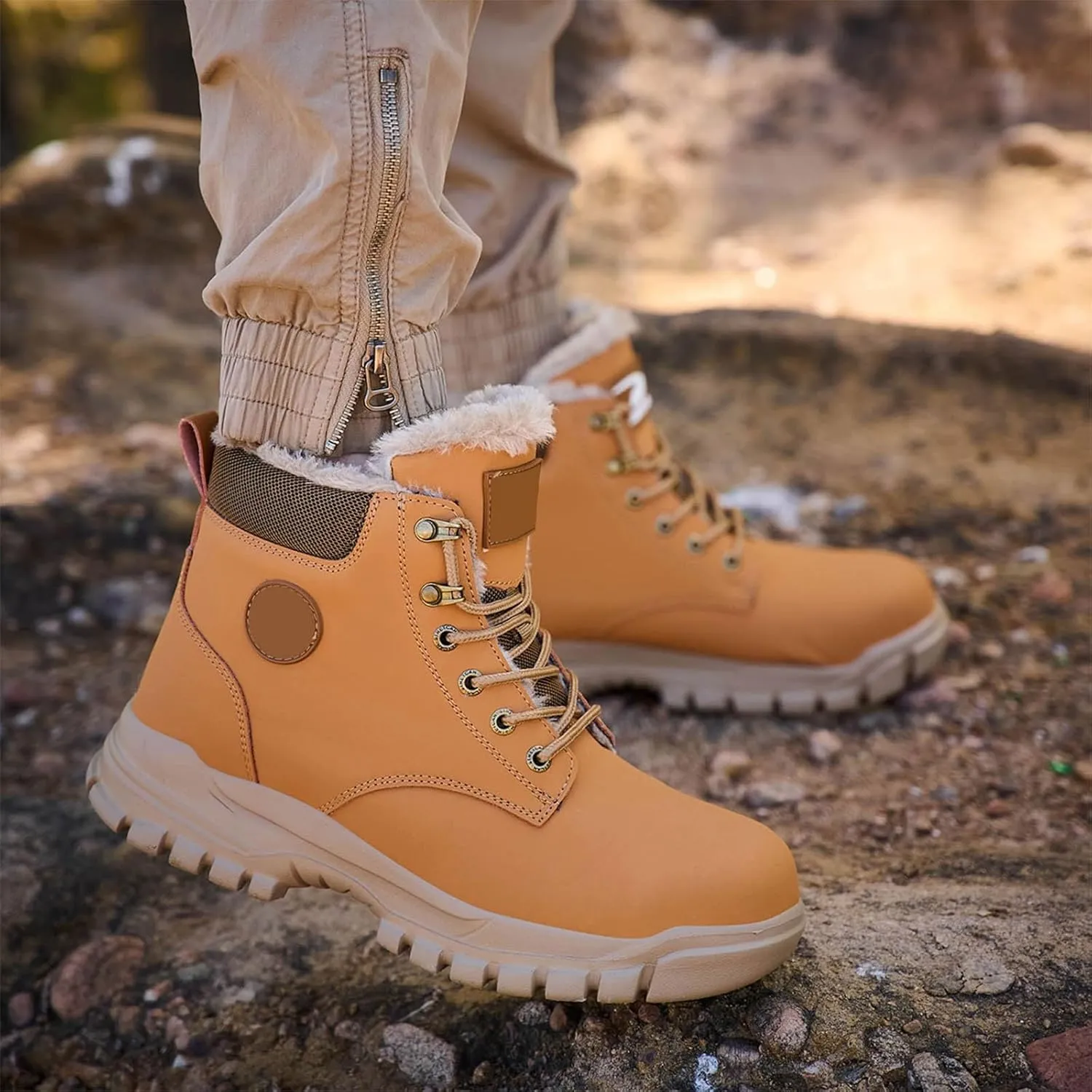 Thick Bottom Non Slip Boots for Men Fleece Lined Warm Ankle Boots Lace Up Non Slip Winter Water Light Men