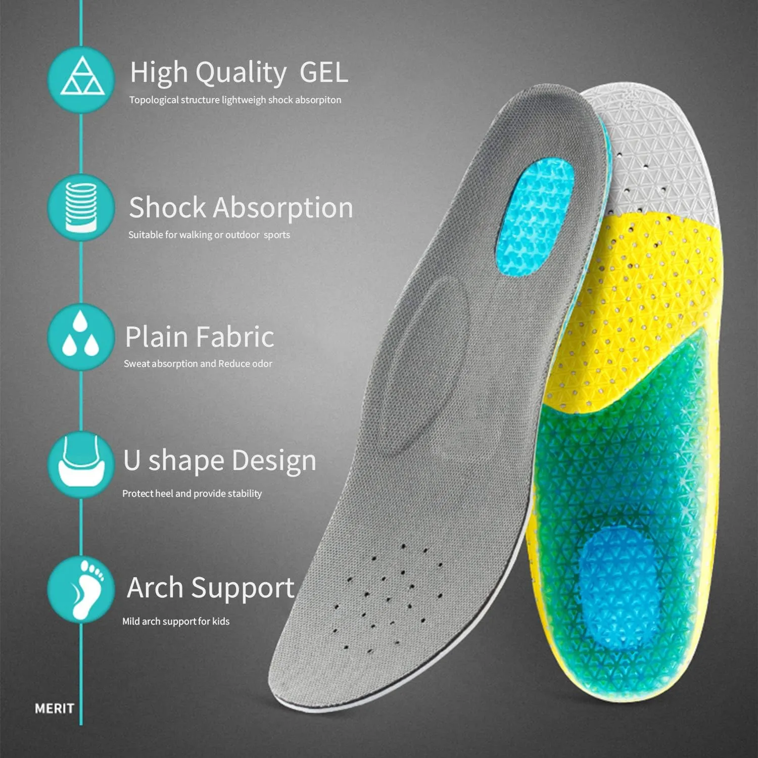 Toddler Running Gel Insoles Kids Shock Absorbing Arch Support Silicone Material Insoles Good Feet Step Aid Toddler (Big Kid US 4.5-5 (9 1/8-9 1/2))