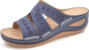 URLECHS Women's Floral Embroidered Platform Wedge Sandals,Open Toe Cutout Comfort Leather Orthopedic Slides with Arch Support,Soft Footbed Shock Absorbing Breathable Slip On Walking Sandals