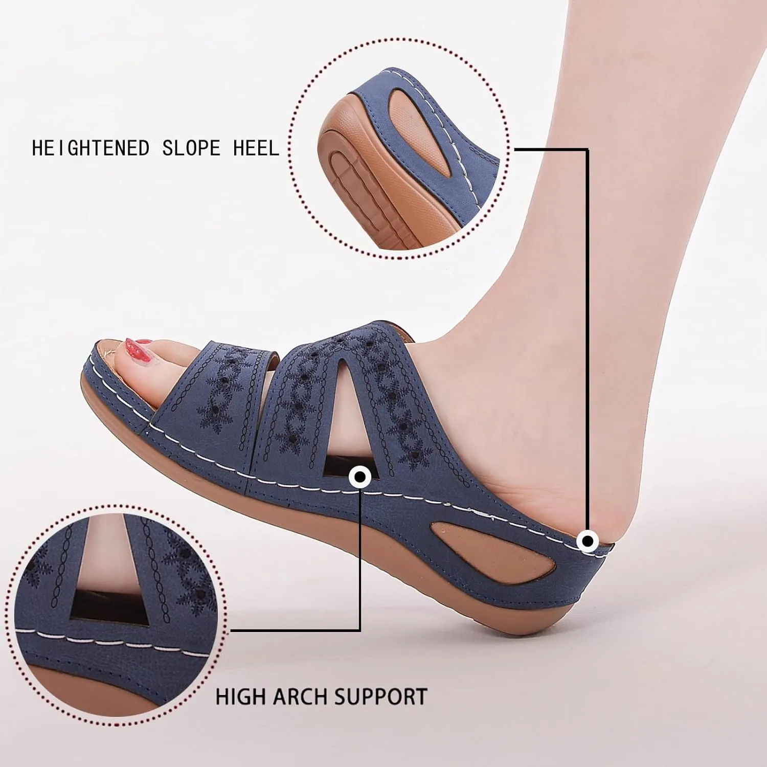 URLECHS Women's Floral Embroidered Platform Wedge Sandals,Open Toe Cutout Comfort Leather Orthopedic Slides with Arch Support,Soft Footbed Shock Absorbing Breathable Slip On Walking Sandals