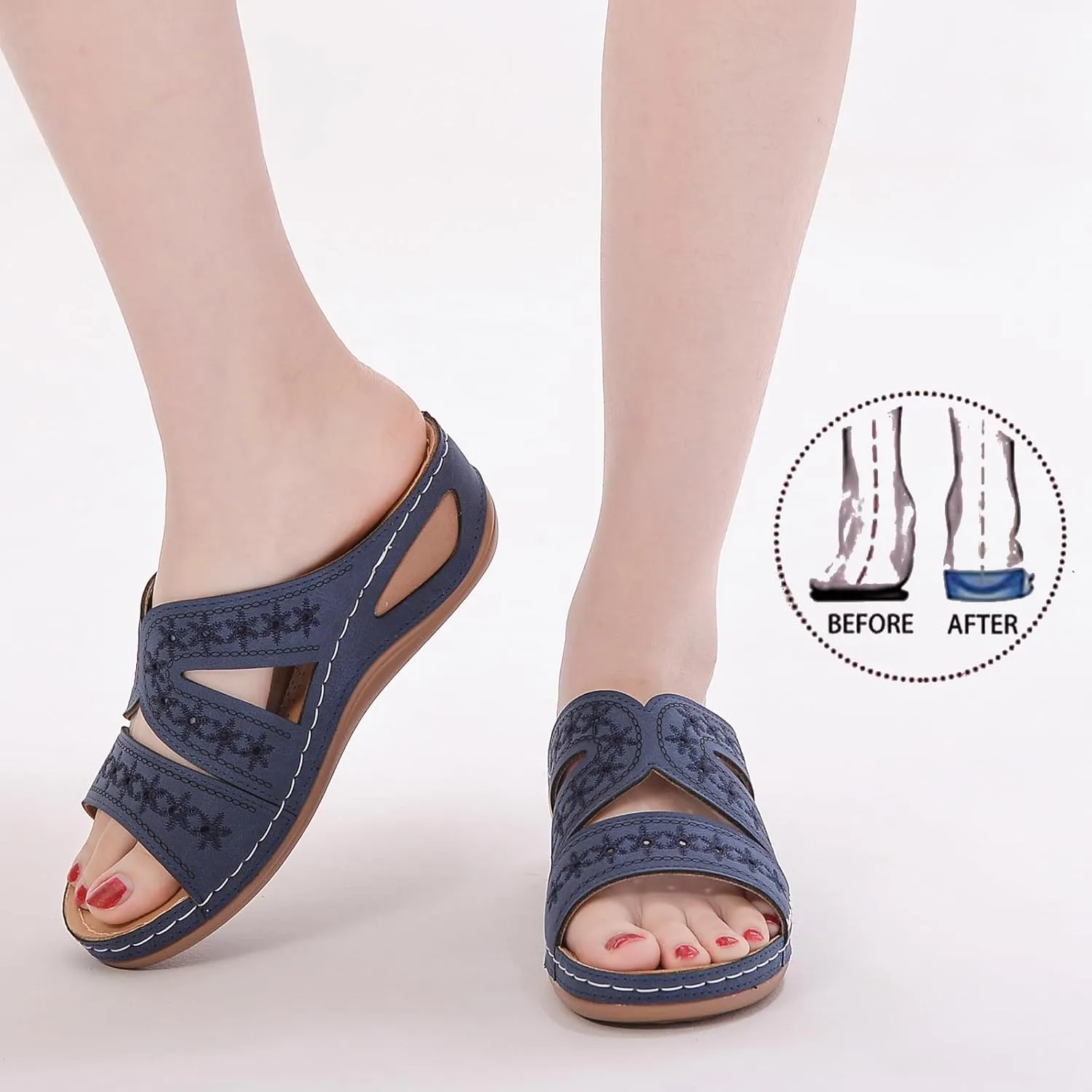 URLECHS Women's Floral Embroidered Platform Wedge Sandals,Open Toe Cutout Comfort Leather Orthopedic Slides with Arch Support,Soft Footbed Shock Absorbing Breathable Slip On Walking Sandals
