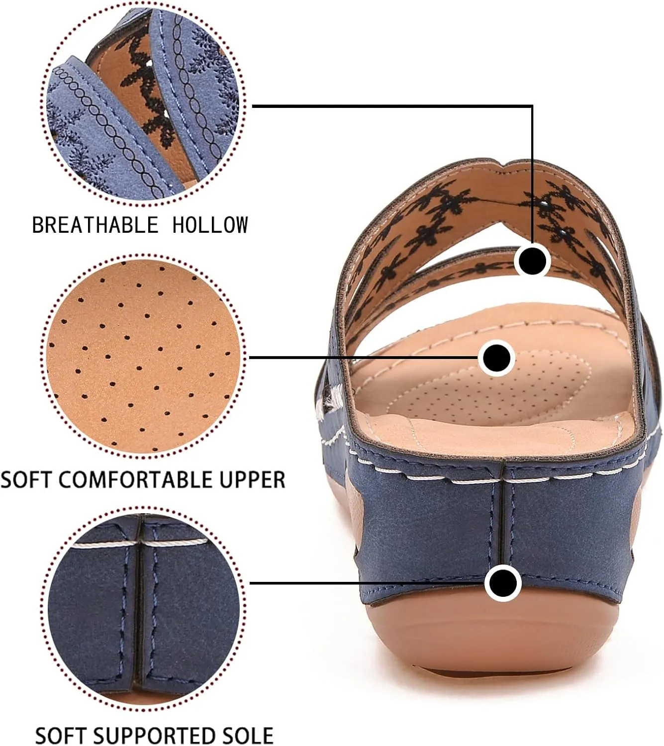 URLECHS Women's Floral Embroidered Platform Wedge Sandals,Open Toe Cutout Comfort Leather Orthopedic Slides with Arch Support,Soft Footbed Shock Absorbing Breathable Slip On Walking Sandals