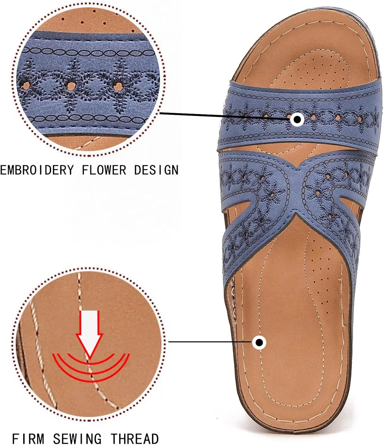 URLECHS Women's Floral Embroidered Platform Wedge Sandals,Open Toe Cutout Comfort Leather Orthopedic Slides with Arch Support,Soft Footbed Shock Absorbing Breathable Slip On Walking Sandals