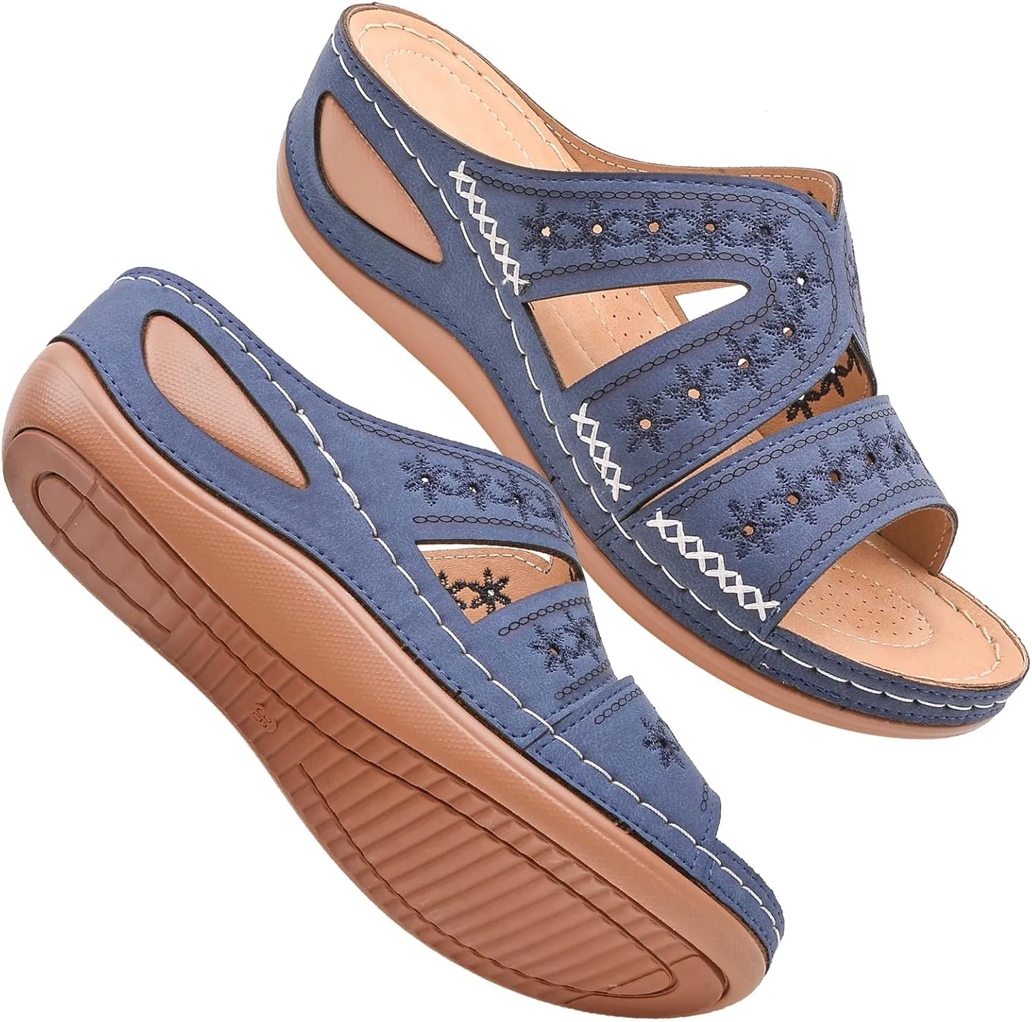 URLECHS Women's Floral Embroidered Platform Wedge Sandals,Open Toe Cutout Comfort Leather Orthopedic Slides with Arch Support,Soft Footbed Shock Absorbing Breathable Slip On Walking Sandals