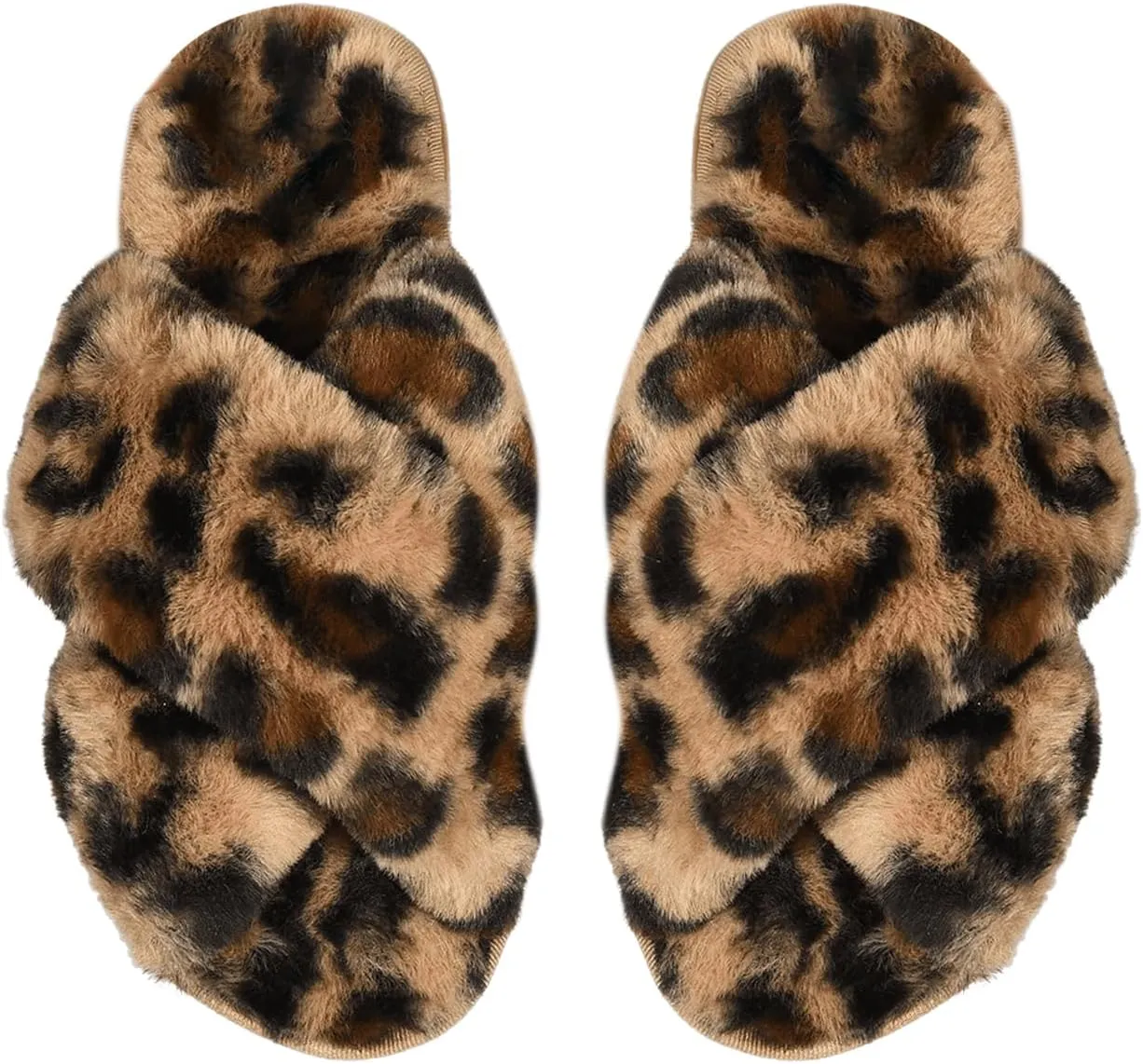 Verdusa Women's Leopard Print Slippers Faux Fur Cross Band Faux Fur Slides House Slippers