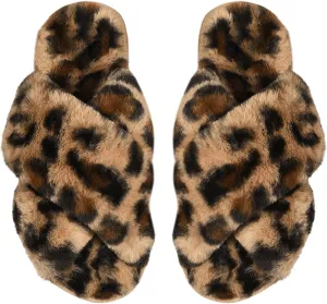Verdusa Women's Leopard Print Slippers Faux Fur Cross Band Faux Fur Slides House Slippers