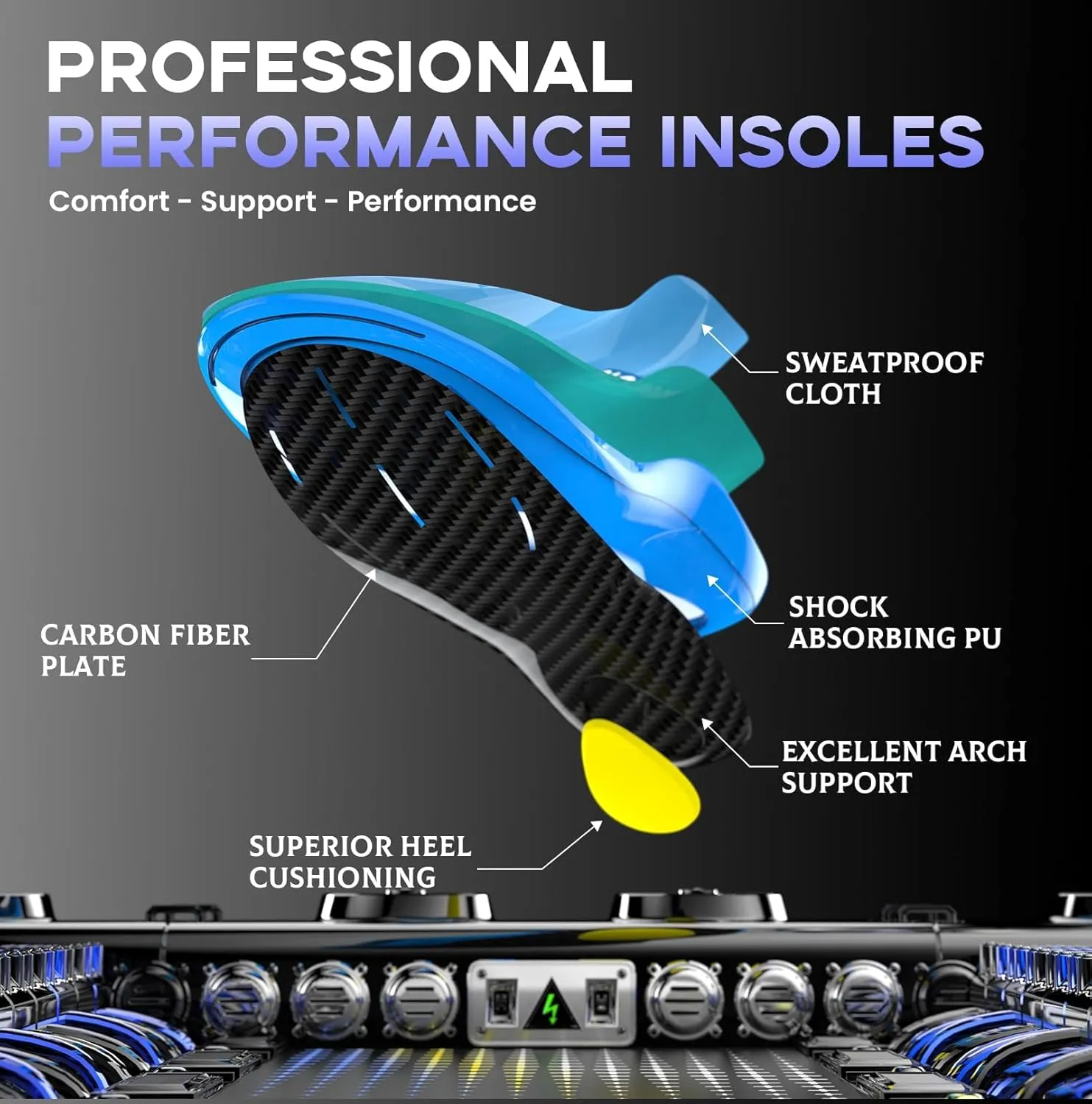 Welnove Carbon Fiber Sport Insoles with Arch Support, Shock Absorbing Performance Insoles for High Impact Sport- Increased Performance,Injury Protection- for Roomy Fit - 9.5-10.5 Men, 11-12 Women