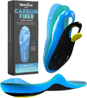 Welnove Carbon Fiber Sport Insoles with Arch Support, Shock Absorbing Performance Insoles for High Impact Sport- Increased Performance,Injury Protection- for Roomy Fit - 9.5-10.5 Men, 11-12 Women