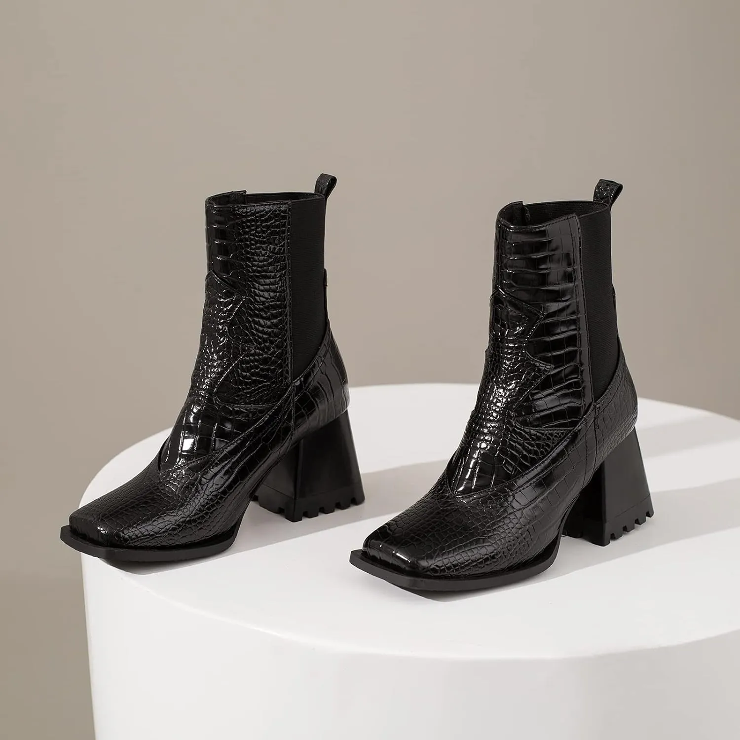 Wide Fit Block Heel Women Chelsea Boots Elastic Band