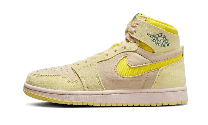 Air Jordan 1 High Zoom Air CMFT 2 Citron Tint running in a boardwalk area shoes warm - up