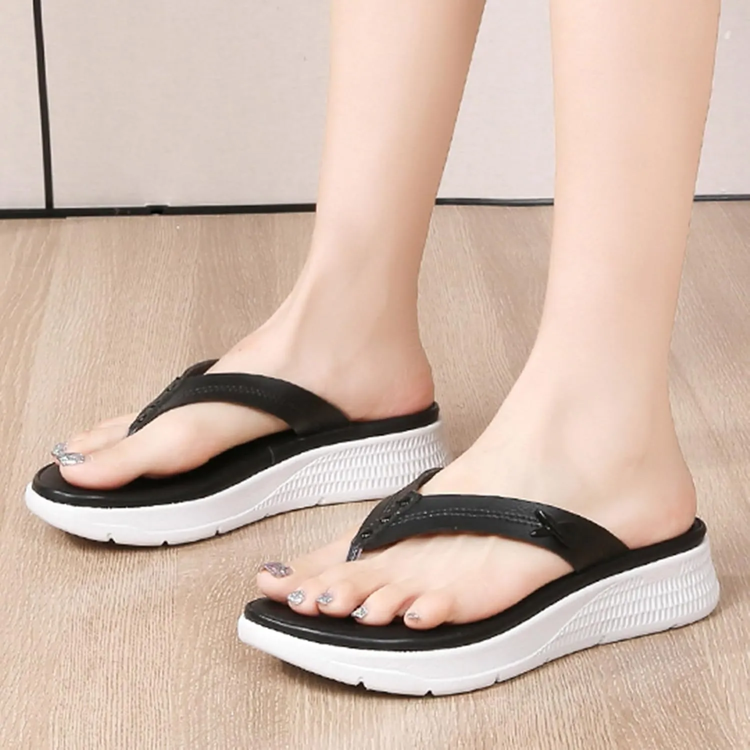 Women Shoes Comfortable Thick Sole Wedge Flip Flops Fashionable Outdoor Beach Sparkling Sandals for Women Wide Fit