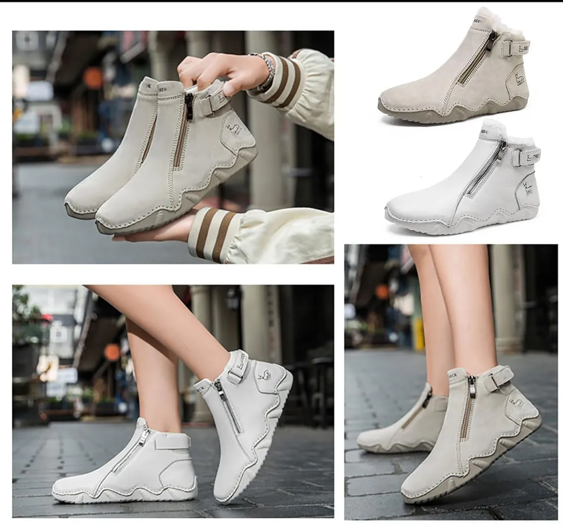 Women's High-Top Waterproof Winter Snow Boots with Double Zipper, Handmade Suede Ankle Sneakers for Outdoor Casual, Warm Fleece Lined, Anti-Slip Sole, Perfect for Cold Weather Activities