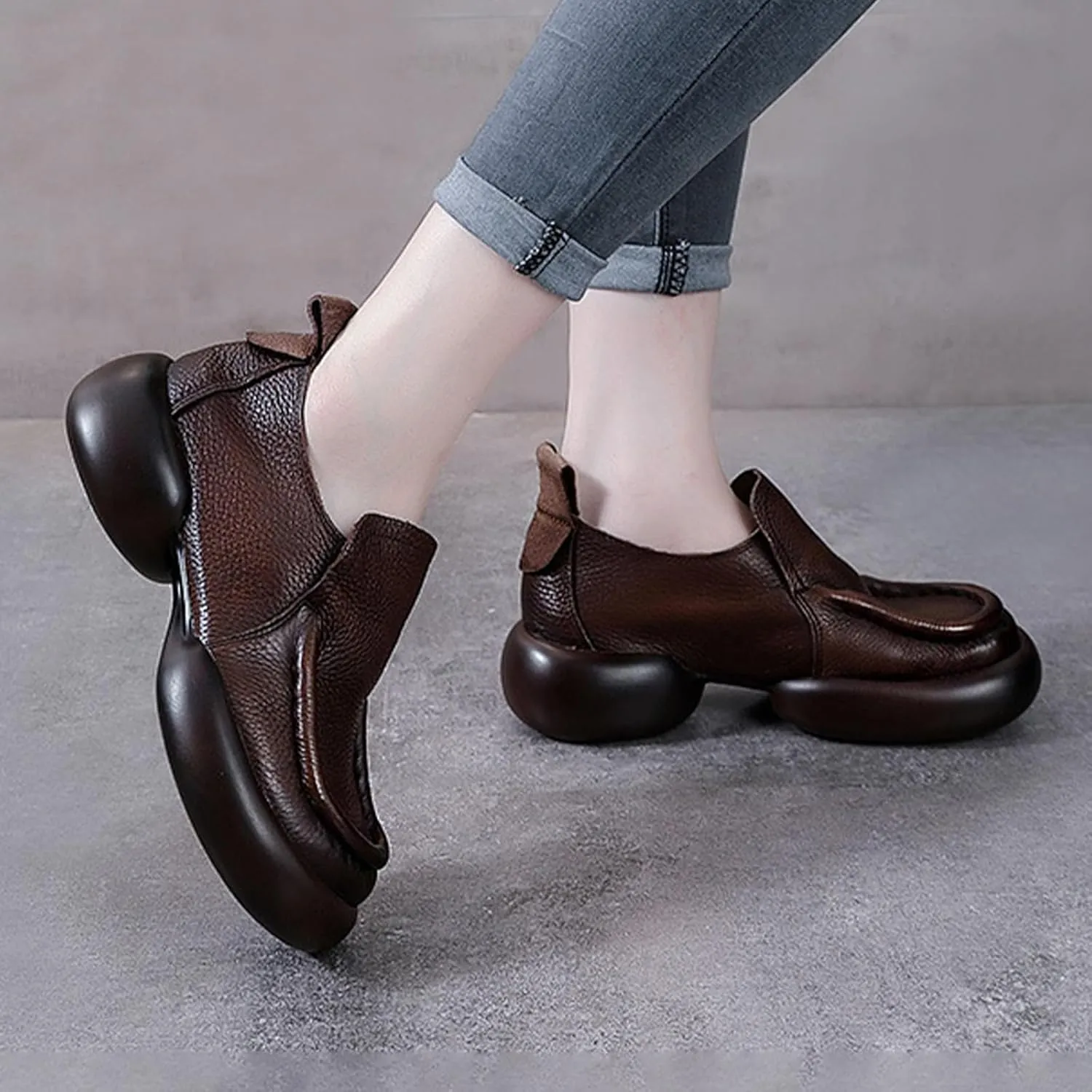 Women's Leather Platform Loafers,Lightweight Comfortable Chunky Heel Cushion Soft Lug Sole Slip on Dress Casual Shoes