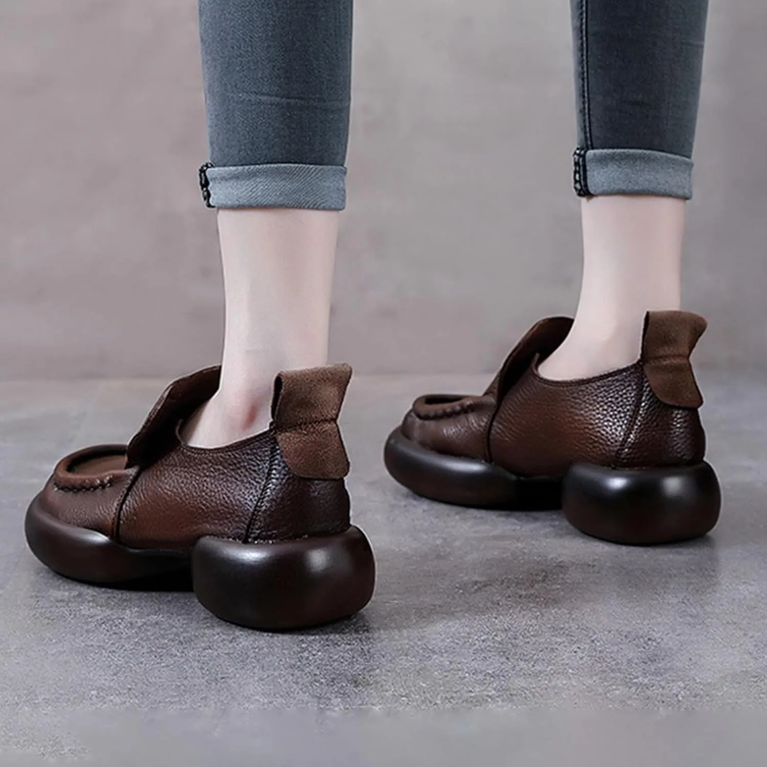 Women's Leather Platform Loafers,Lightweight Comfortable Chunky Heel Cushion Soft Lug Sole Slip on Dress Casual Shoes