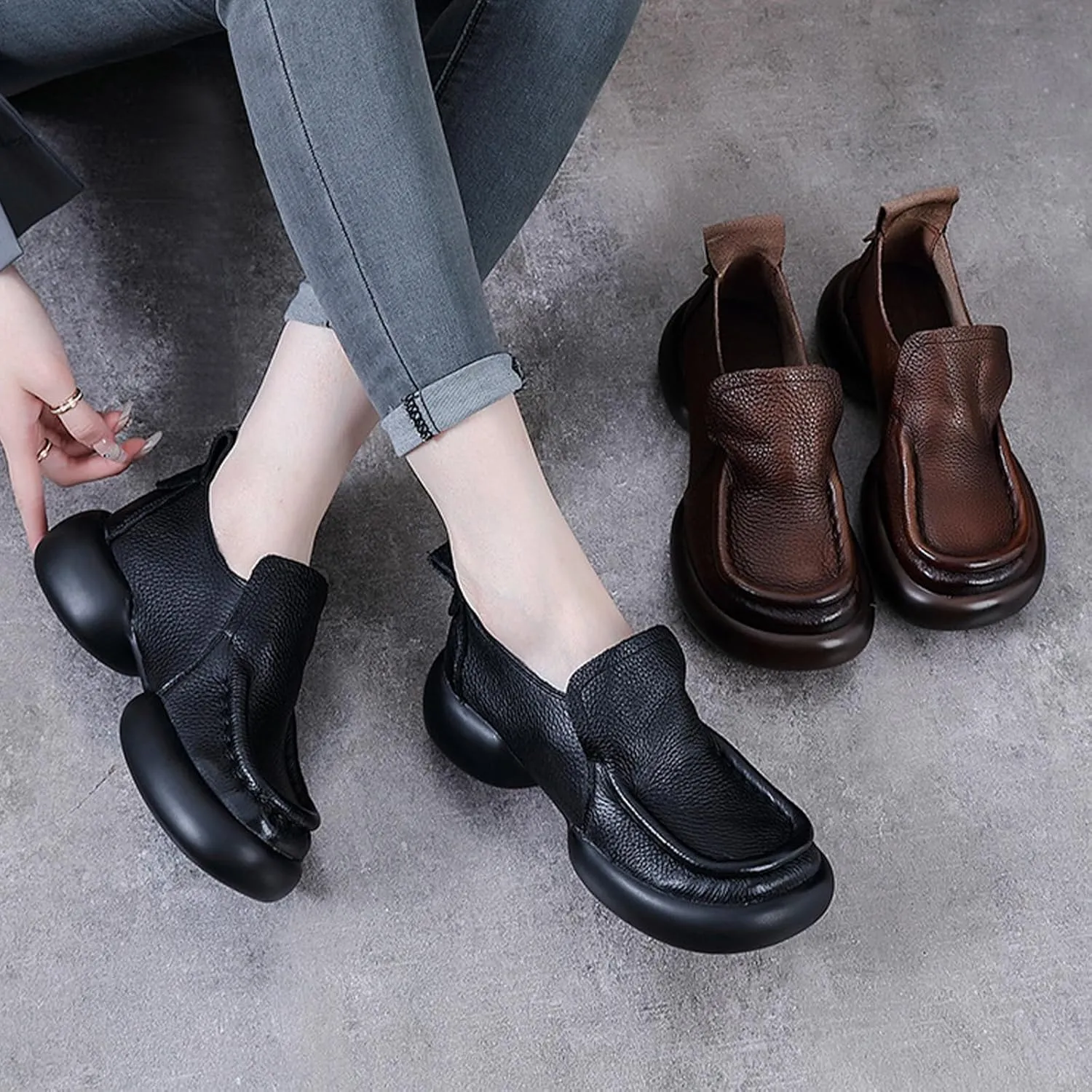 Women's Leather Platform Loafers,Lightweight Comfortable Chunky Heel Cushion Soft Lug Sole Slip on Dress Casual Shoes