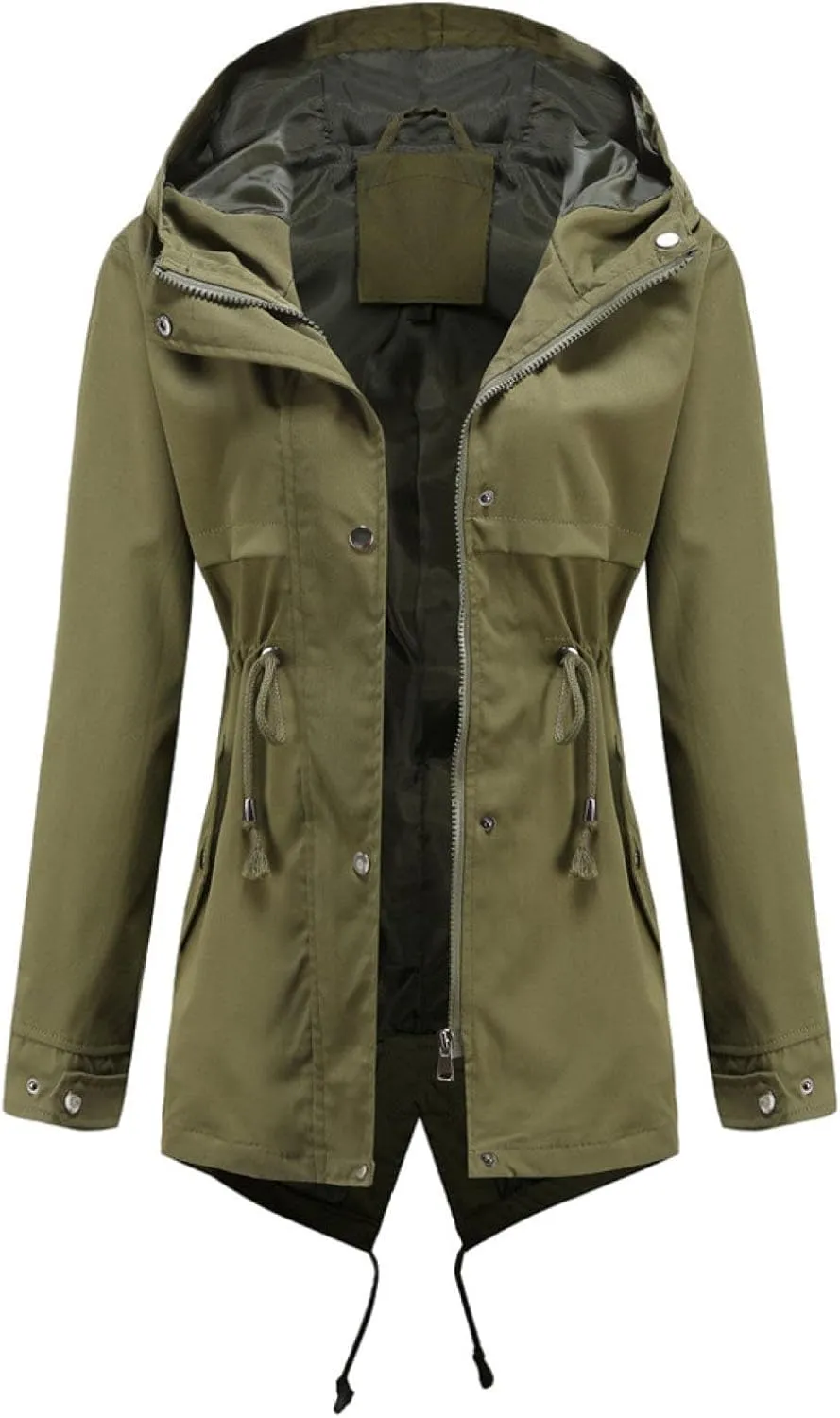 Women's Outdoor Hooded Waterproof mid-Length Raincoat Long-Sleeved Waist Windbreaker Long-Sleeved Zipper Jacket