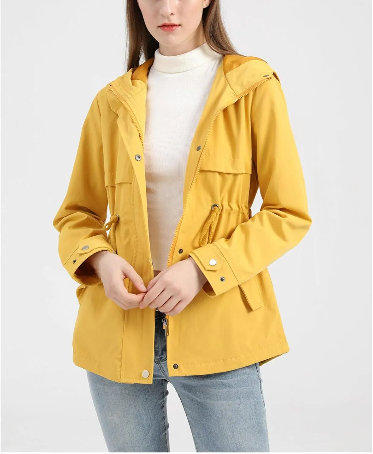 Women's Outdoor Hooded Waterproof mid-Length Raincoat Long-Sleeved Waist Windbreaker Long-Sleeved Zipper Jacket