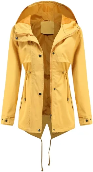 Women's Outdoor Hooded Waterproof mid-Length Raincoat Long-Sleeved Waist Windbreaker Long-Sleeved Zipper Jacket