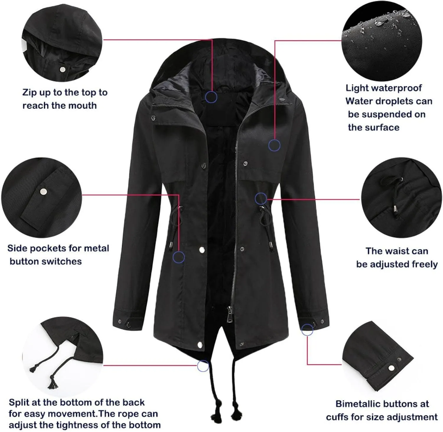 Women's Outdoor Hooded Waterproof mid-Length Raincoat Long-Sleeved Waist Windbreaker Long-Sleeved Zipper Jacket