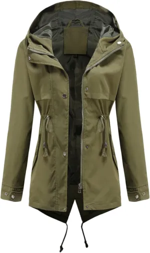 Women's Outdoor Hooded Waterproof mid-Length Raincoat Long-Sleeved Waist Windbreaker Long-Sleeved Zipper Jacket