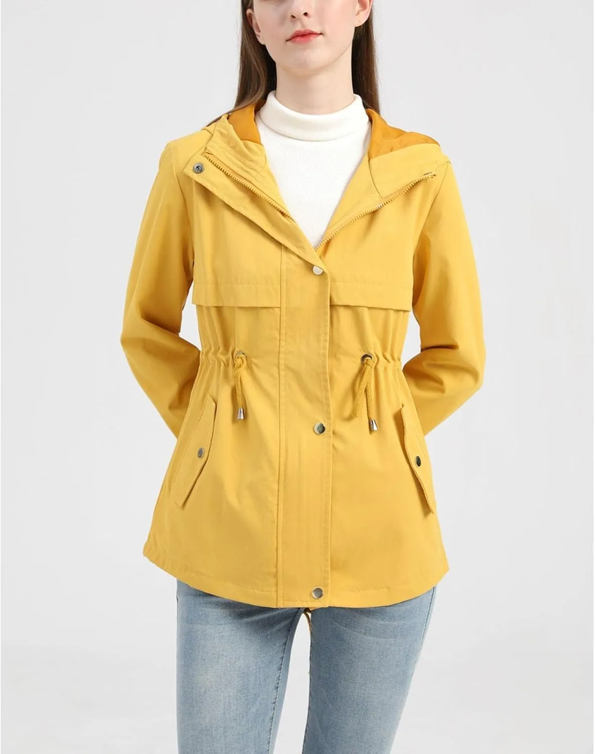 Women's Outdoor Hooded Waterproof mid-Length Raincoat Long-Sleeved Waist Windbreaker Long-Sleeved Zipper Jacket