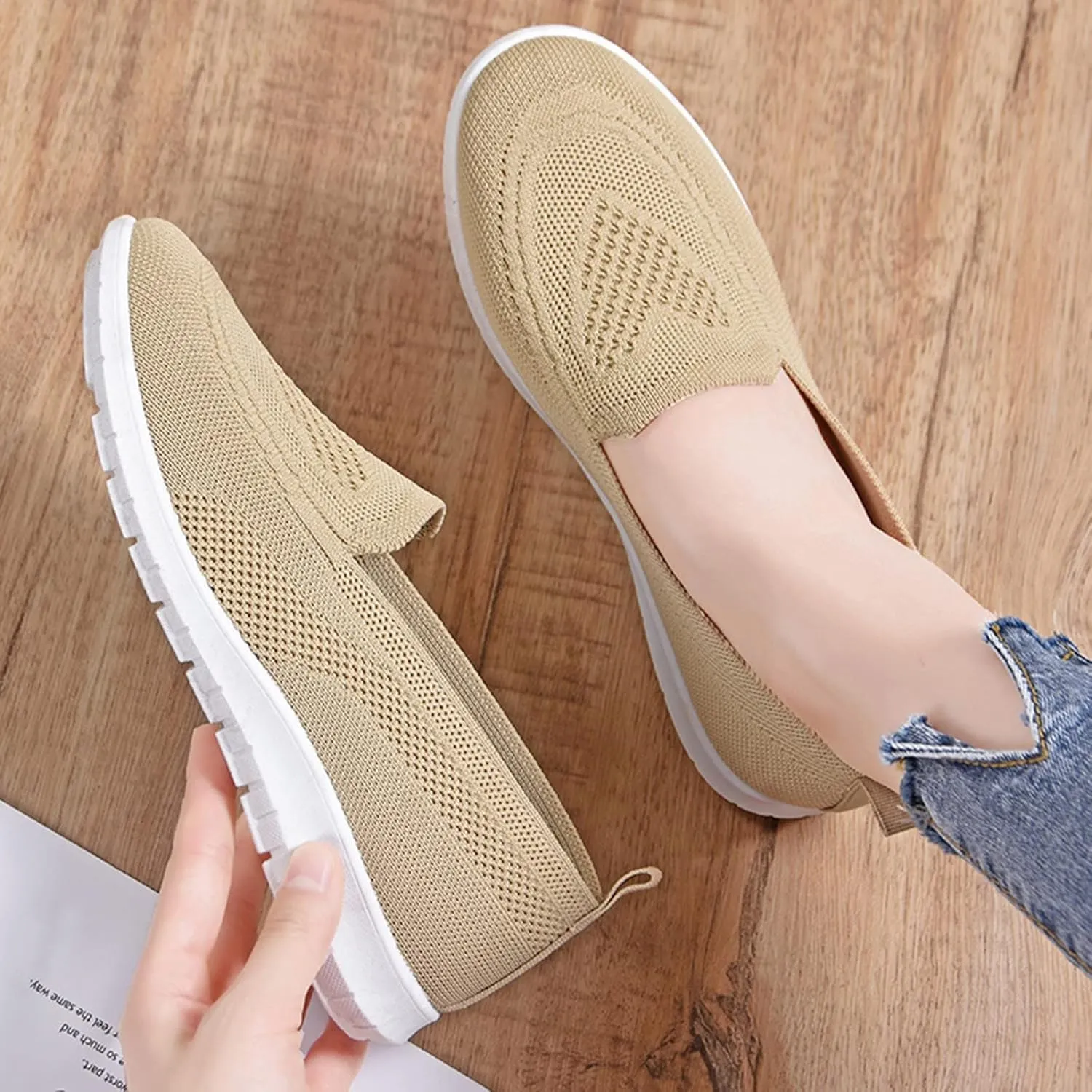 Women's Slip on Sneakers Shoes Woven Orthopedic Breathable Soft Shoes Walking Diabetic Foam Shoes Hands Free Slip in