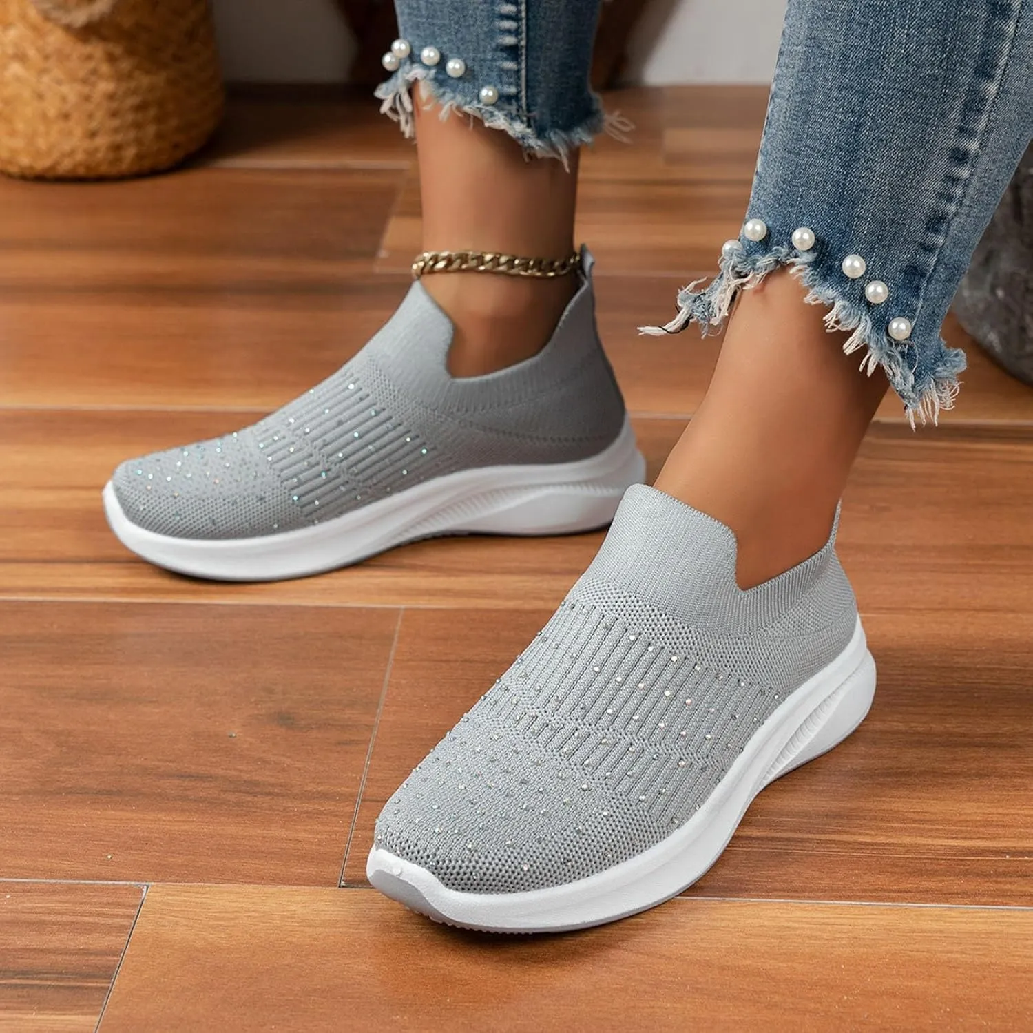 Womens Summer Walking Shoes with Comfy Cushioned Sole and Breathable Mesh Women's Rhinestone Flying Weave Barefoot Slip on Shoes Lightweight Arch Support Summer Running Sneakers Gym Fitness Sneaker