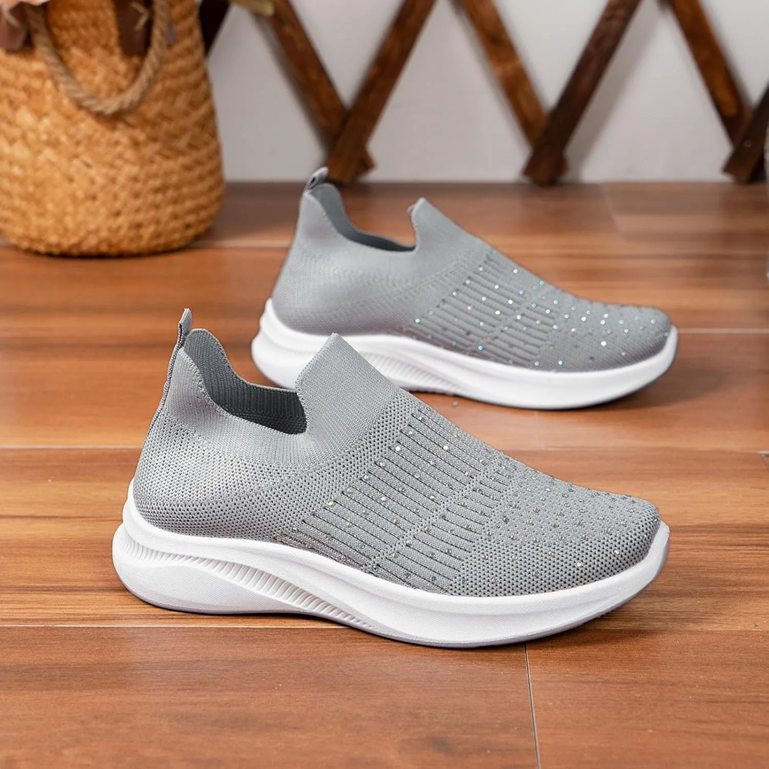 Womens Summer Walking Shoes with Comfy Cushioned Sole and Breathable Mesh Women's Rhinestone Flying Weave Barefoot Slip on Shoes Lightweight Arch Support Summer Running Sneakers Gym Fitness Sneaker