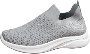 Womens Summer Walking Shoes with Comfy Cushioned Sole and Breathable Mesh Women's Rhinestone Flying Weave Barefoot Slip on Shoes Lightweight Arch Support Summer Running Sneakers Gym Fitness Sneaker