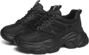Women's Ultra-Light Sneakers: Breathable Casual Shoes with Thick Sole, Versatile Black Color, Fashion Platform Trainers/Lace-up Design,Black-39