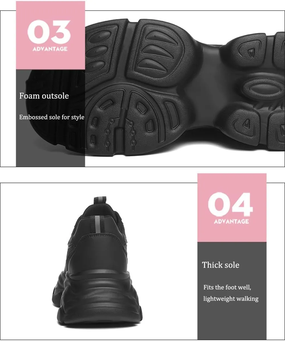 Women's Ultra-Light Sneakers: Breathable Casual Shoes with Thick Sole, Versatile Black Color, Fashion Platform Trainers/Lace-up Design,Black-39